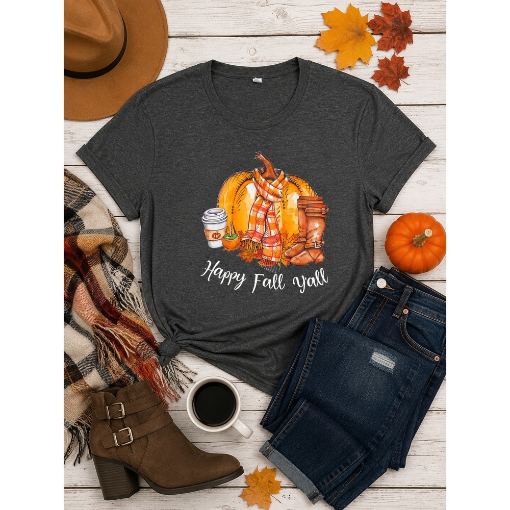 Happy Fall Y'all Pumpkin Graphic Women's Charcoal Gray Autumn Tee Size M New‎